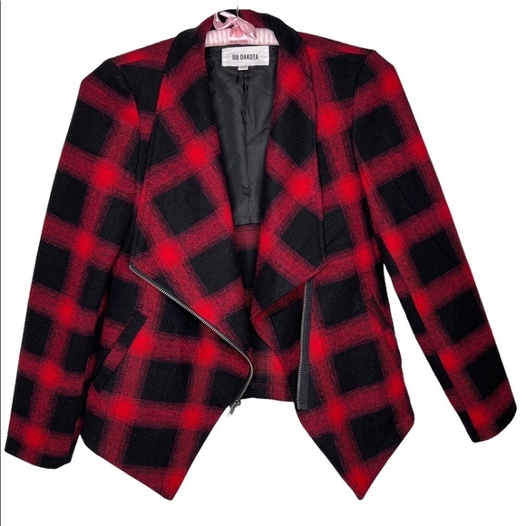 BB Dakota Lilymay Jacket Size XS Red Black Plaid Asymmetric Zip Wool Blend Boho - Picture 3 of 16
